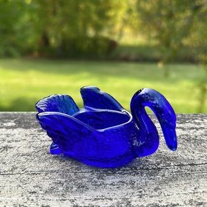 Vintage Mosser Cobalt Blue Glass Open Swan Salt Cellar Trinket Ring Dish